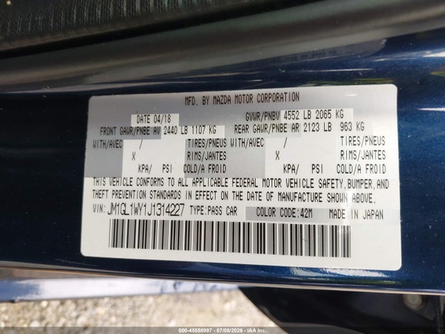 2018 Mazda Mazda6 Grand Touring Reserve მანქანა იყიდება აუქციონზე, vin: JM1GL1WY1J1314227, აუქციონის ნომერი: 45558997