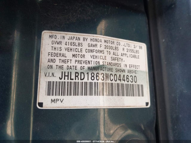 1998 Honda Cr-v Ex მანქანა იყიდება აუქციონზე, vin: JHLRD1863WC044630, აუქციონის ნომერი: 45559001