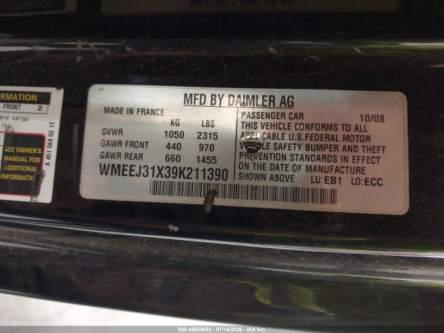 Продажа на аукционе авто 2009 Smart Fortwo Pure, vin: WMEEJ31X39K211390, номер лота: 45559003