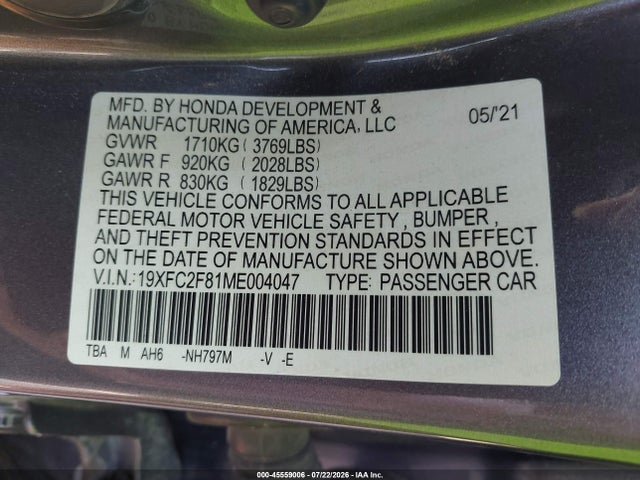 45559006 :رقم المزاد ، 19XFC2F81ME004047 vin ، 2021 Honda Civic Sport مزاد بيع