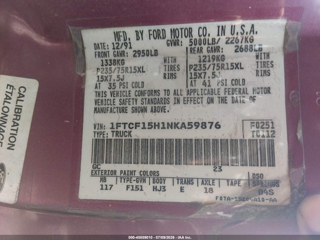 1992 Ford F150 მანქანა იყიდება აუქციონზე, vin: 1FTCF15H1NKA59876, აუქციონის ნომერი: 45559010