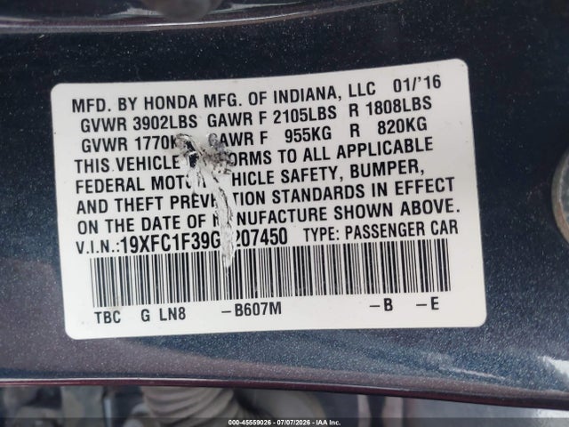 Aukcja sprzedaży 2016 Honda Civic Ex-t, vin: 19XFC1F39GE207450, numer aukcji: 45559026