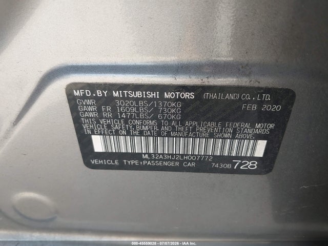 Продажа на аукционе авто 2020 Mitsubishi Mirage Es, vin: ML32A3HJ2LH007772, номер лота: 45559028