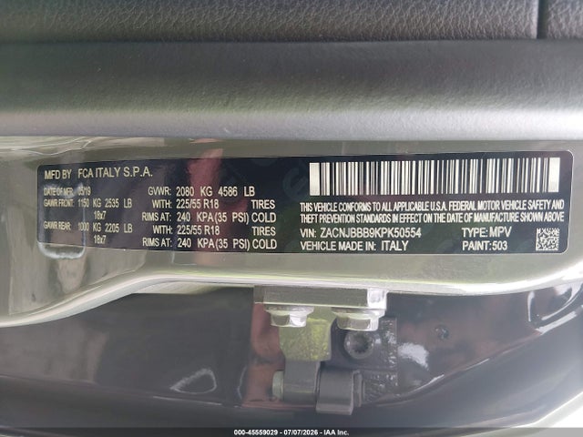 Продажа на аукционе авто 2019 Jeep Renegade Latitude 4x4, vin: ZACNJBBB9KPK50554, номер лота: 45559029