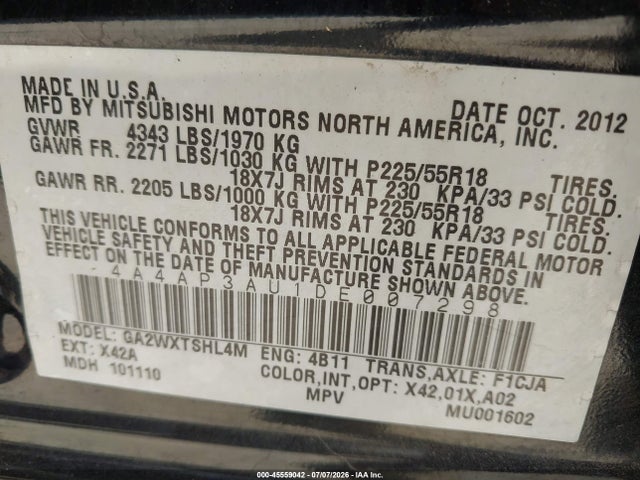 Продажа на аукционе авто 2013 Mitsubishi Outlander Sport Es, vin: 4A4AP3AU1DE007298, номер лота: 45559042