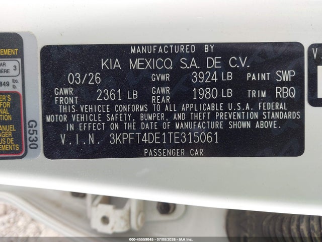 Auction sale of the 2026 Kia K4 Lx, vin: 3KPFT4DE1TE315061, lot number: 45559045