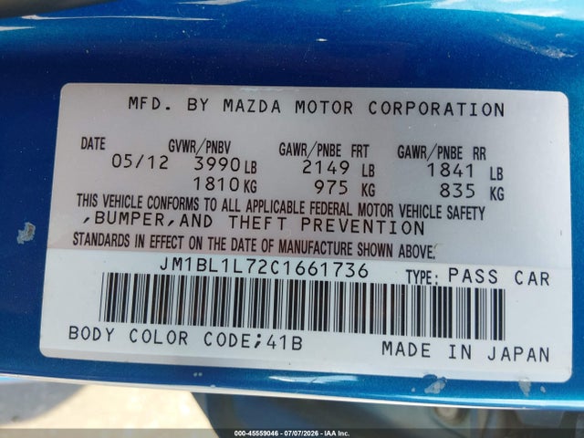 45559046 :رقم المزاد ، JM1BL1L72C1661736 vin ، 2012 Mazda Mazda3 I Touring مزاد بيع