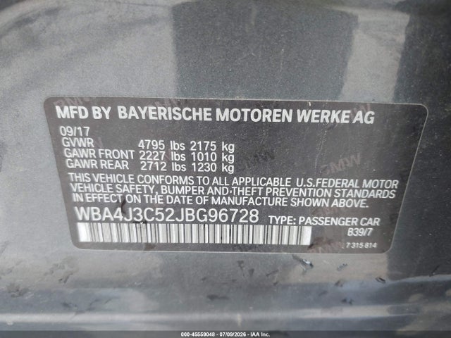 45559048 :رقم المزاد ، WBA4J3C52JBG96728 vin ، 2018 Bmw 430i Gran Coupe Xdrive مزاد بيع