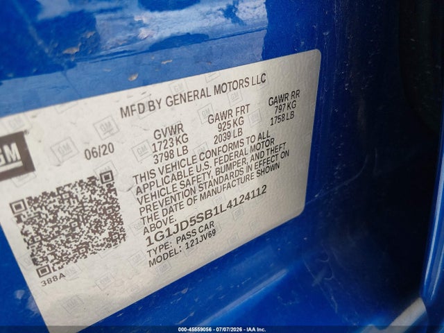 45559056 :رقم المزاد ، 1G1JD5SB1L4124112 vin ، 2020 Chevrolet Sonic Fwd  Lt مزاد بيع