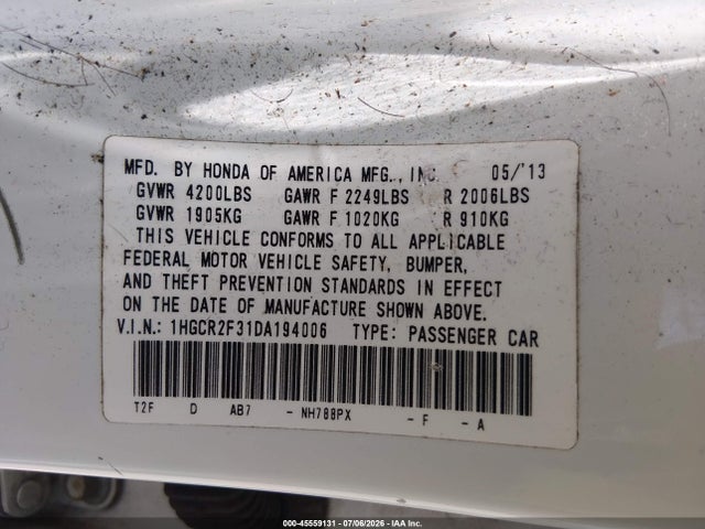 Auction sale of the 2013 Honda Accord Lx, vin: 1HGCR2F31DA194006, lot number: 45559131
