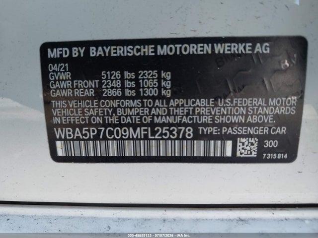 45559133 :رقم المزاد ، WBA5P7C09MFL25378 vin ، 2021 Bmw 330e مزاد بيع