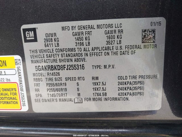 45559137 :رقم المزاد ، 5GAKRBKD8FJ255316 vin ، 2015 Buick Enclave Leather مزاد بيع