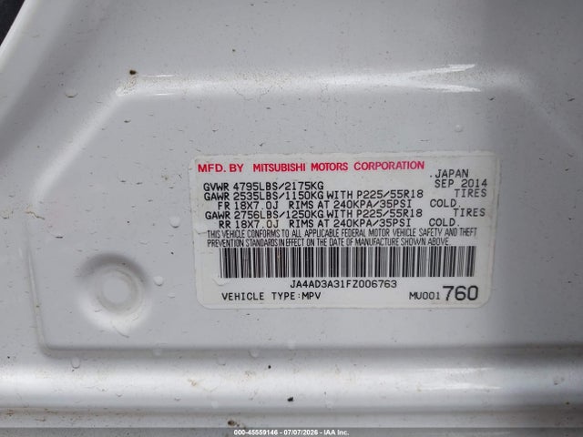 2015 Mitsubishi Outlander Se მანქანა იყიდება აუქციონზე, vin: JA4AD3A31FZ006763, აუქციონის ნომერი: 45559146