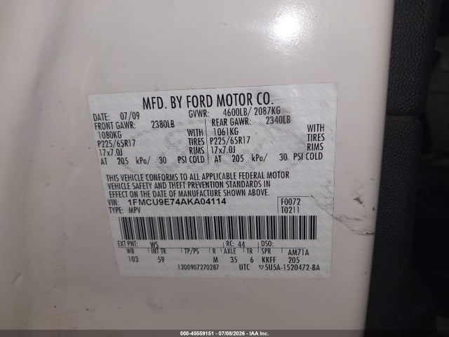 2010 Ford Escape Limited მანქანა იყიდება აუქციონზე, vin: 1FMCU9E74AKA04114, აუქციონის ნომერი: 45559151