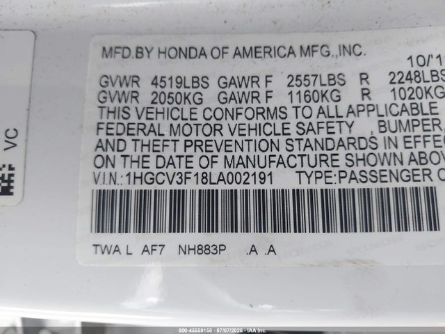 2020 Honda Accord Hybrid მანქანა იყიდება აუქციონზე, vin: 1HGCV3F18LA002191, აუქციონის ნომერი: 45559158