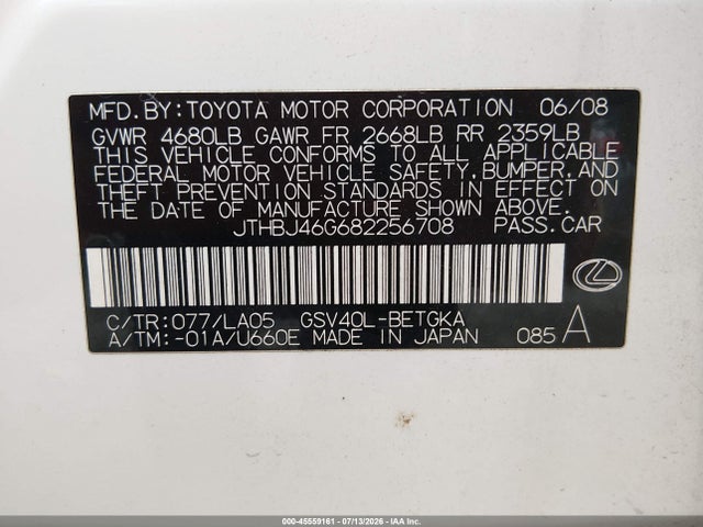 Продаж на аукціоні авто 2008 Lexus Es 350, vin: JTHBJ46G682256708, номер лоту: 45559161