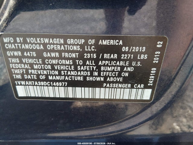 Продаж на аукціоні авто 2013 Volkswagen Passat 2.5l Wolfsburg Edition, vin: 1VWAH7A39DC146977, номер лоту: 45559190