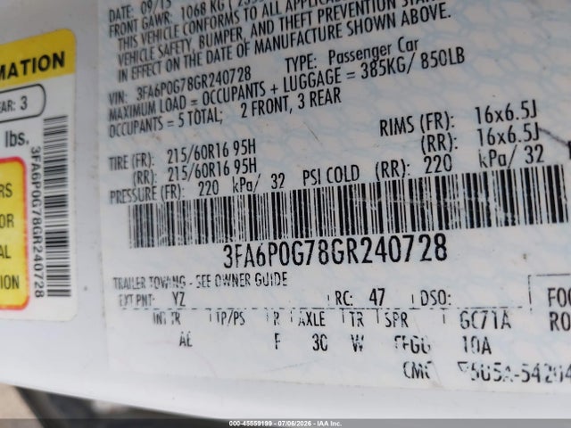 Продажа на аукционе авто 2016 Ford Fusion S, vin: 3FA6P0G78GR240728, номер лота: 45559199