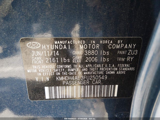 45559223 :رقم المزاد ، KMHDH4AE3FU250549 vin ، 2015 Hyundai Elantra Se مزاد بيع