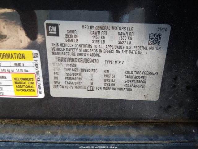 45559225 :رقم المزاد ، 1GKKVRKDXEJ369470 vin ، 2014 Gmc Acadia Slt-1 مزاد بيع