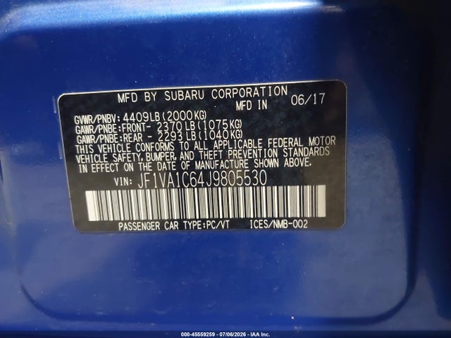 45559259 :رقم المزاد ، JF1VA1C64J9805530 vin ، 2018 Subaru Wrx Premium مزاد بيع