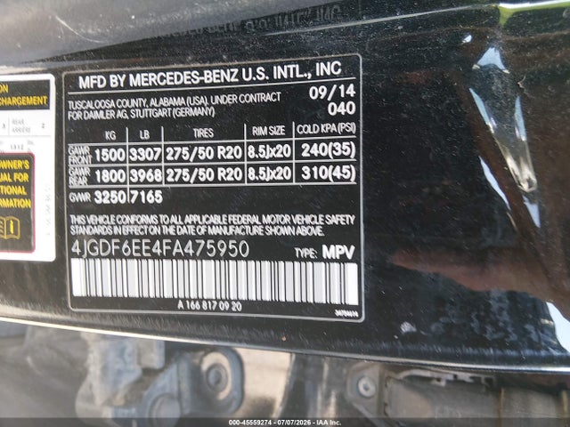 45559274 :رقم المزاد ، 4JGDF6EE4FA475950 vin ، 2015 Mercedes-benz Gl 450 4matic مزاد بيع