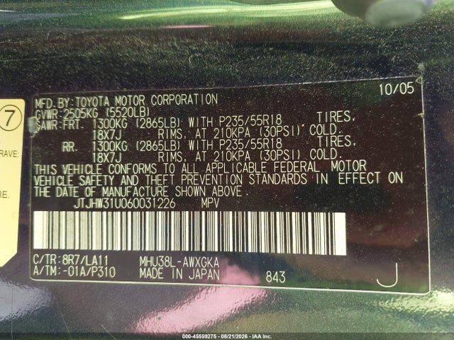 45559275 :رقم المزاد ، JTJHW31U060031226 vin ، 2006 Lexus Rx 400h مزاد بيع