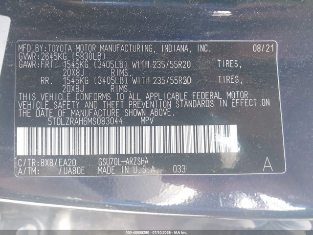 Продажа на аукционе авто 2021 Toyota Highlander Xse, vin: 5TDLZRAH6MS083044, номер лота: 45559290