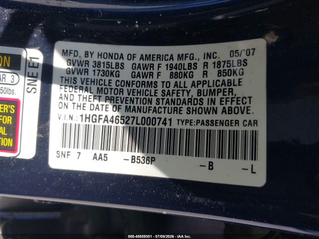 Продаж на аукціоні авто 2007 Honda Civic Gx, vin: 1HGFA46527L000741, номер лоту: 45559301