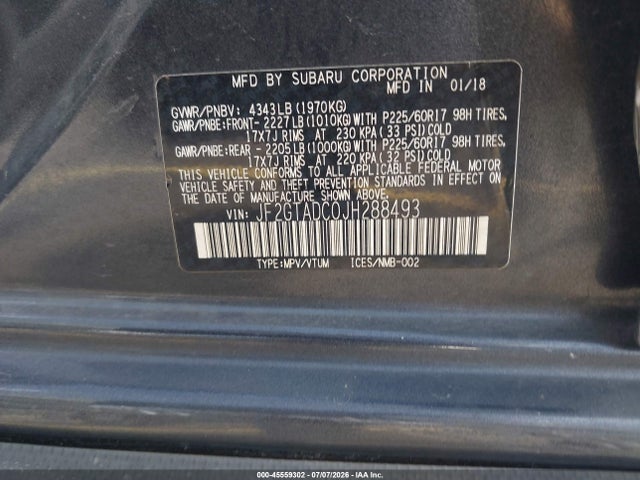 2018 Subaru Crosstrek 2.0i Premium მანქანა იყიდება აუქციონზე, vin: JF2GTADC0JH288493, აუქციონის ნომერი: 45559302
