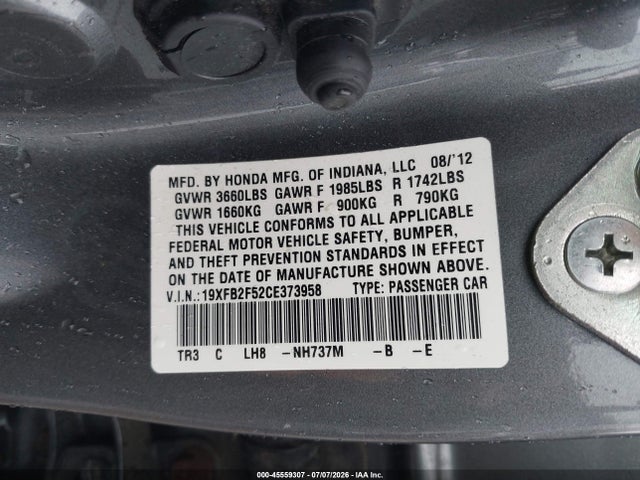 Продаж на аукціоні авто 2012 Honda Civic Lx, vin: 19XFB2F52CE373958, номер лоту: 45559307