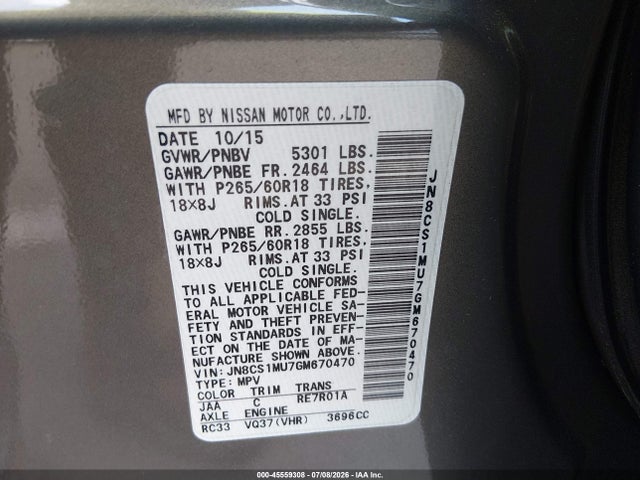 Aukcja sprzedaży 2016 Infiniti Qx70, vin: JN8CS1MU7GM670470, numer aukcji: 45559308