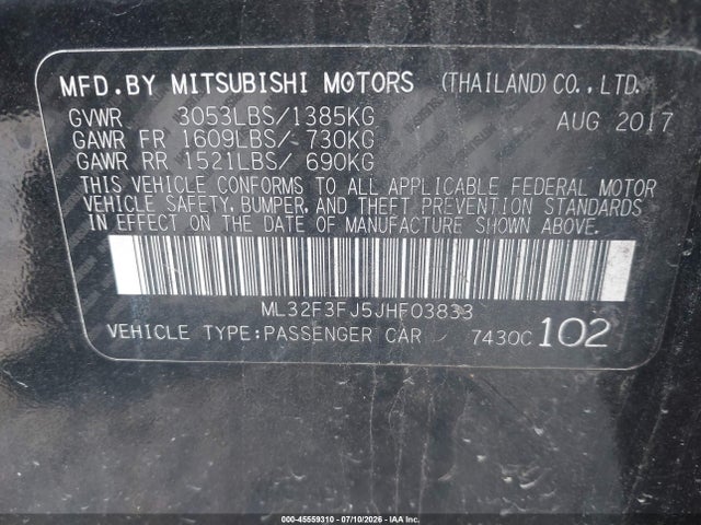 Aukcja sprzedaży 2018 Mitsubishi Mirage G4 Es, vin: ML32F3FJ5JHF03833, numer aukcji: 45559310