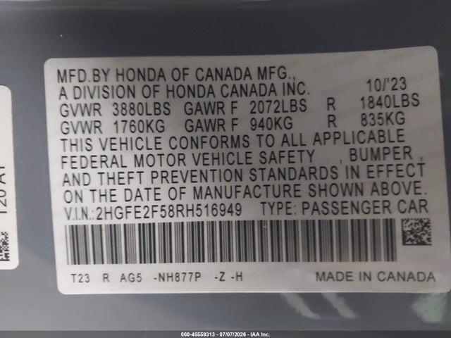 Aukcja sprzedaży 2024 Honda Civic Sport, vin: 2HGFE2F58RH516949, numer aukcji: 45559313