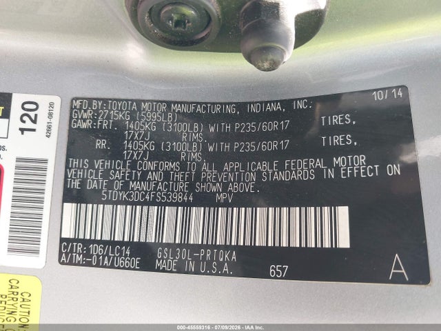 Продажа на аукционе авто 2015 Toyota Sienna Xle 8 Passenger, vin: 5TDYK3DC4FS539844, номер лота: 45559316