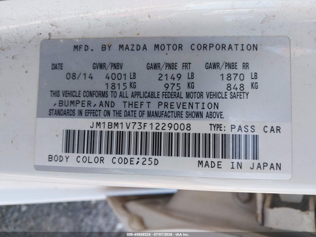 Aukcja sprzedaży 2015 Mazda Mazda3 I Touring, vin: JM1BM1V73F1229008, numer aukcji: 45559324