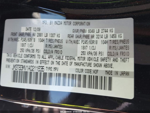 Продаж на аукціоні авто 2010 Mazda Cx-9 Touring, vin: JM3TB3MV1A0211635, номер лоту: 45559334
