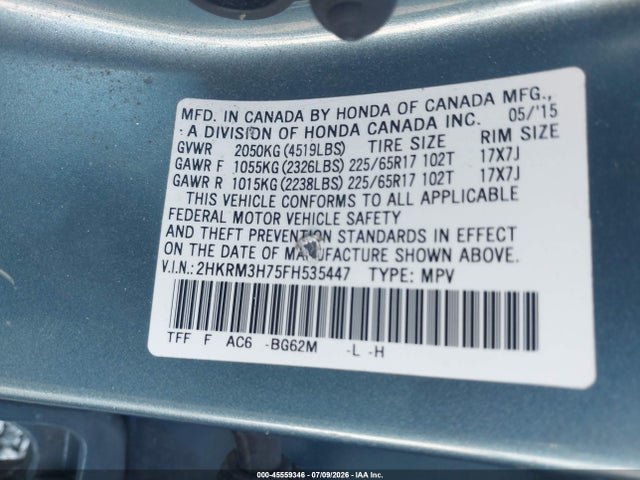 Honda Cr-v Ex-l 2015 2HKRM3H75FH535447 Image 9