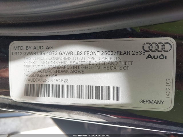 45559348 :رقم المزاد ، WAUDFAFC8CN154628 vin ، 2012 Audi A6 2.0t Premium مزاد بيع