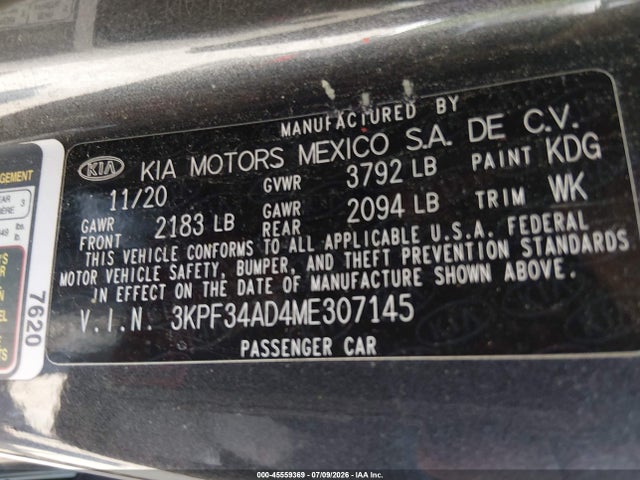 Продаж на аукціоні авто 2021 Kia Forte Gt-line, vin: 3KPF34AD4ME307145, номер лоту: 45559369