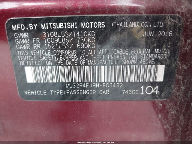 Продаж на аукціоні авто 2017 Mitsubishi Mirage G4 Se, vin: ML32F4FJ9HHF08422, номер лоту: 45559378