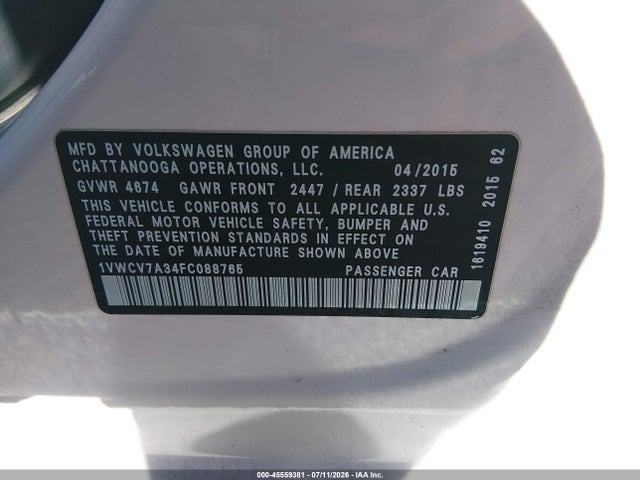 Aukcja sprzedaży 2015 Volkswagen Passat 2.0l Tdi Sel Premium, vin: 1VWCV7A34FC088765, numer aukcji: 45559381