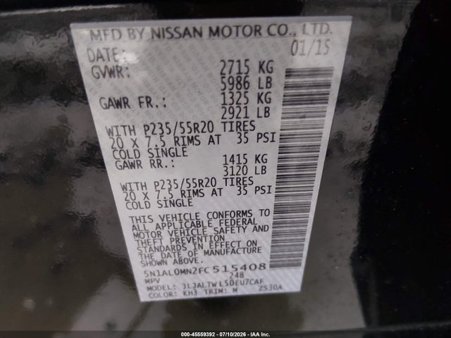 Продажа на аукционе авто 2015 Infiniti Qx60, vin: 5N1AL0MN2FC515408, номер лота: 45559392
