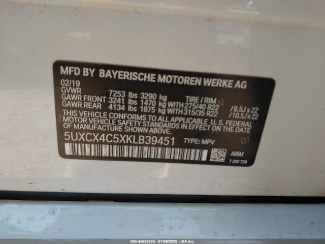 Aukcja sprzedaży 2019 Bmw X7 Xdrive50i, vin: 5UXCX4C5XKLB39451, numer aukcji: 45559395