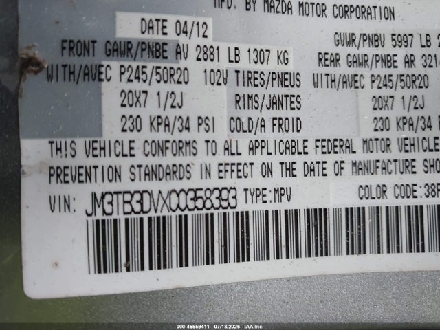 Aukcja sprzedaży 2012 Mazda Cx-9 Grand Touring, vin: JM3TB3DVXC0358393, numer aukcji: 45559411