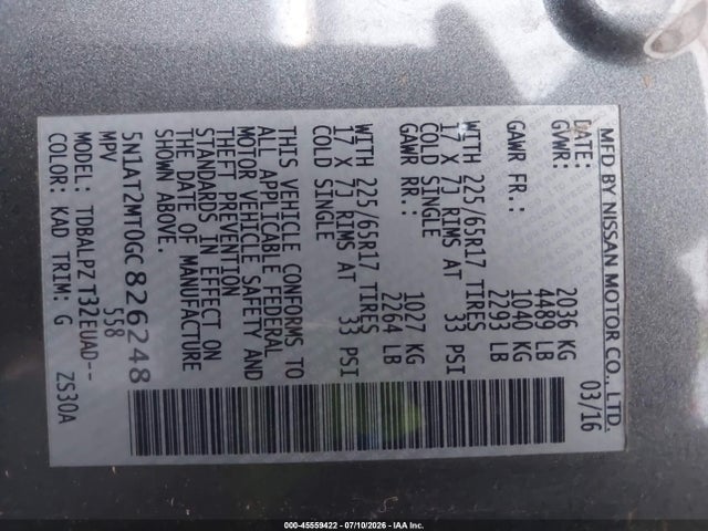 5N1AT2MT0GC826248 Nissan Rogue S/sl/sv