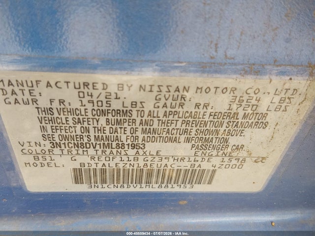 3N1CN8DV1ML881953 Nissan Versa S Xtronic Cvt