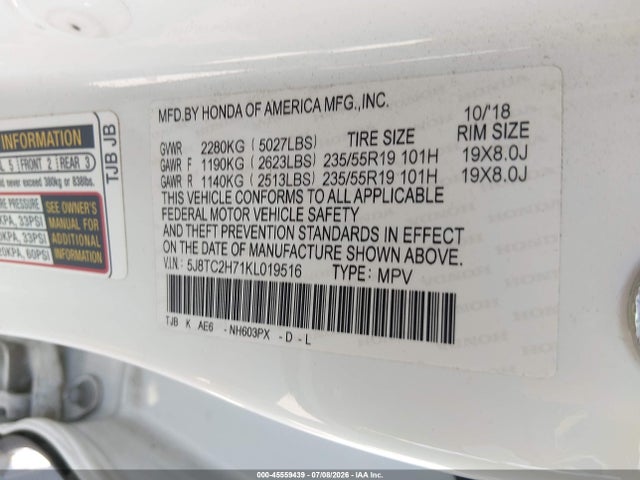 Aukcja sprzedaży 2019 Acura Rdx Advance Package, vin: 5J8TC2H71KL019516, numer aukcji: 45559439