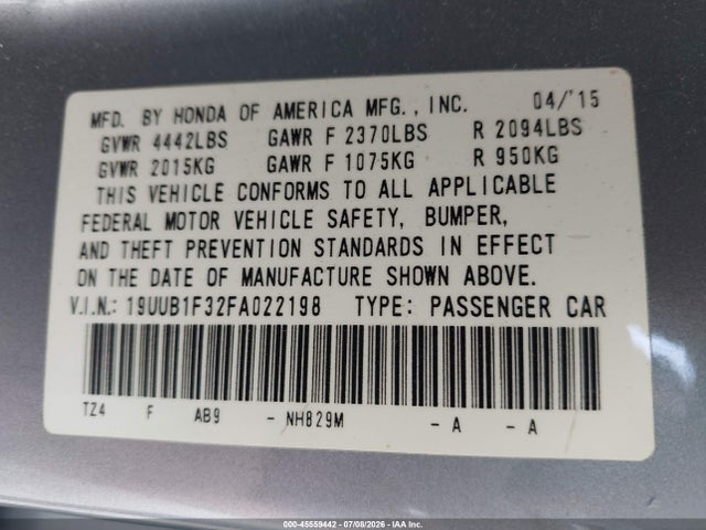 2015 Acura Tlx მანქანა იყიდება აუქციონზე, vin: 19UUB1F32FA022198, აუქციონის ნომერი: 45559442