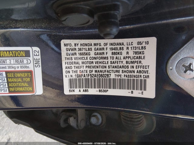 45559450 :رقم المزاد ، 19XFA1F52AE060287 vin ، 2010 Honda Civic Lx مزاد بيع
